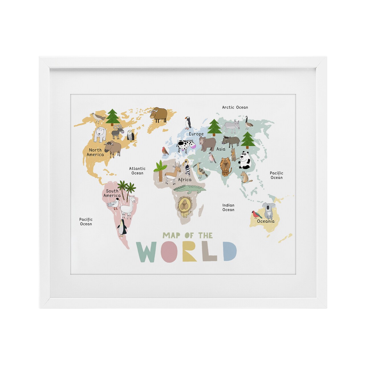 Stupell Industries Map Of World Pastel Animals Framed Print Under Glass, design by Carla Daly